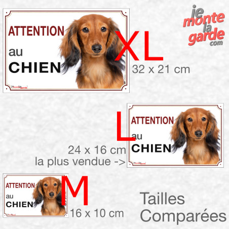 Teckel fauve à poils longs, plaque portail photo "Attention au Chien" résiste pluie soleil gel, idée cadeau, 3 Tailles D