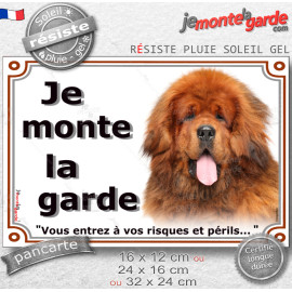 Dogue du Tibet fauve, plaque portail "Je Monte la Garde, vous entrez à vos risques et périls" photo doré rouge intense, résiste