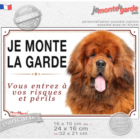 Dogue du Tibet fauve, plaque portail "Je Monte la Garde, vous entrez à vos risques et périls" photo doré rouge intense, résiste
