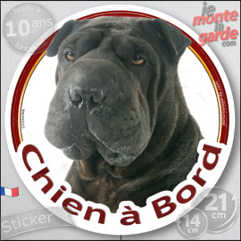 Shar-Peï noir, sticker autocollant rond "Chien à Bord" Disque adhésif vitre sharpei voiture photo, résiste plus de soleil gel, i
