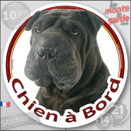 Shar-Peï noir, sticker autocollant rond "Chien à Bord" Disque adhésif vitre sharpei voiture photo, résiste plus de soleil gel, i