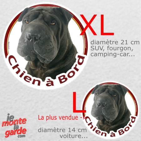 Shar-Peï noir, sticker voiture rond photo "Chien à Bord" résiste pluie soleil gel, idée cadeau, 2 Tailles D