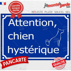 "Attention, Chien Hystérique" pancarte bleue portail humour, avec look de plaque de rue, résiste pluie soleil gel, idée cadeau
