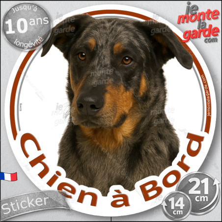 Beauceron Arlequin Tête, sticker rond "Chien à Bord" Disque autocollant Berger Beauce merle adhésif voiture auto photo, résiste 