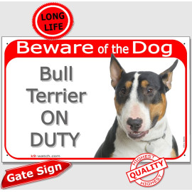 Tricolor Bull Terrier Head, Gate Plaque "Beware of the Dog on Duty" sign, placard, panel photo notice