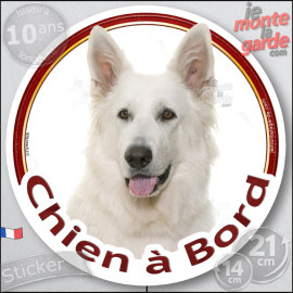 Berger Blanc Suisse, sticker rond "Chien à Bord" Disque photo autocollant vitre voiture, résiste pluie soleil gel, idée cadeau