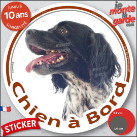 Epagneul Breton noir et blanc, sticker autocollant rond "Chien à Bord" disque adhésif vitre voiture photo, résiste à l'extérieur