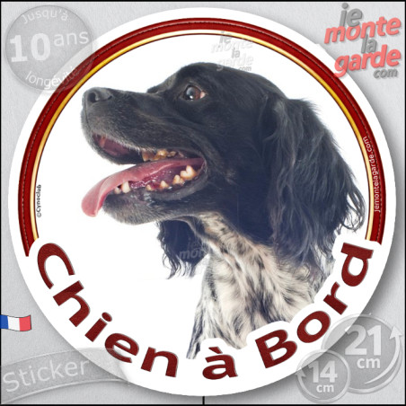 Epagneul Breton noir et blanc, sticker autocollant rond "Chien à Bord" disque adhésif vitre voiture photo, résiste à l'extérieur