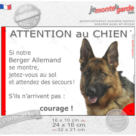 Berger Allemand poils courts, plaque portail humour "Attention au chien, Jetez Vous au Sol" photo, résiste pluie soleil gel, idé