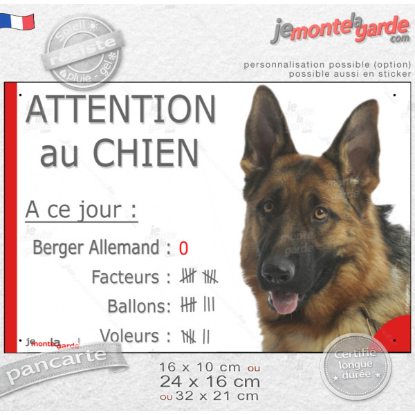 Berger Allemand noir et feu à poils courts, Pancarte Portail drôle "Attention Chien, Nombre de voleurs, facteurs, ballons" photo Berger Allemand noir et feu à poils courts, Pancarte Portail drôle "Attention Chien, Nombre de voleurs, facteurs, ballons" photo