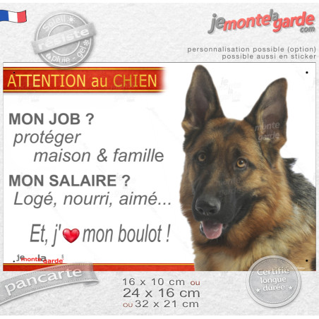 Berger Allemand poils courts, plaque humour "Attention au Chien, j'aime mon job, protéger Maison famille. Salaire, logé nourrit 