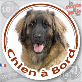 Leonberg, sticker autocollant rond "Chien à Bord" Disque adhésif vitre voiture photo, résiste pluie soleil gel, idée cadeau