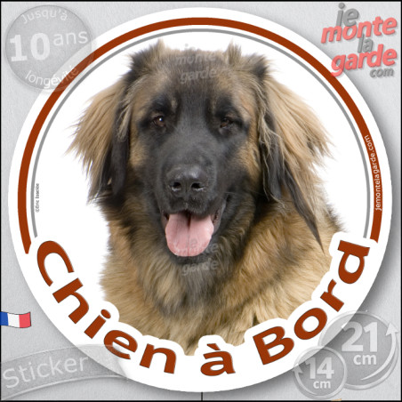 Leonberg, sticker autocollant rond "Chien à Bord" Disque adhésif vitre voiture photo, résiste pluie soleil gel, idée cadeau
