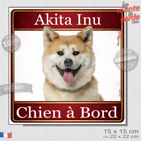 Akita Inu fauve et blanc Tête, sticker carré "Chien à Bord" autocollant photo auto, adhésif vitre voiture jaune orange, résiste 