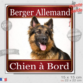 Berger Allemand noir et feu à poils longs Tête, sticker carré "Chien à Bord" autocollant photo auto, adhésif vitre voiture jaune