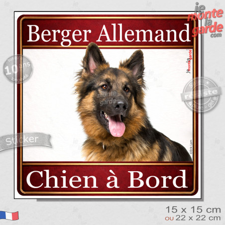 Berger Allemand noir et feu à poils longs Tête, sticker carré "Chien à Bord" autocollant photo auto, adhésif vitre voiture jaune