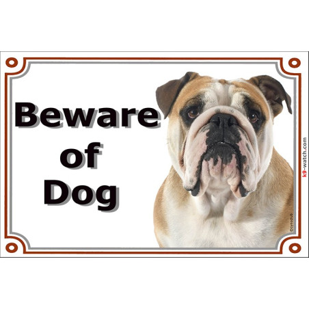 Fawn & White English Bulldog, portal Sign "Beware of Dog" Door Plate red British, portal placard photo notice
