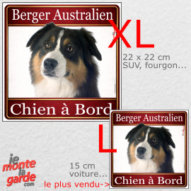 Berger Australien tricolore noir, sticker voiture photo carré "Chien à Bord" résiste pluie soleil gel, idée cadeau, 2 Tailles D