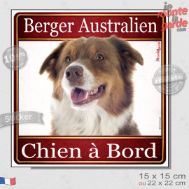 Berger Australien tricolore rouge Tête, sticker carré "Chien à Bord" autocollant photo auto, adhésif vitre voiture jaune orange,