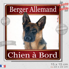 Berger Allemand noir et feu à poils courts Tête, sticker carré "Chien à Bord" autocollant photo auto, adhésif vitre voiture jaun