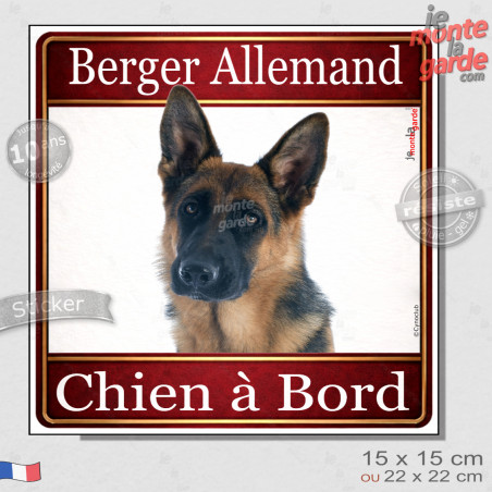 Berger Allemand noir et feu à poils courts Tête, sticker carré "Chien à Bord" autocollant photo auto, adhésif vitre voiture jaun