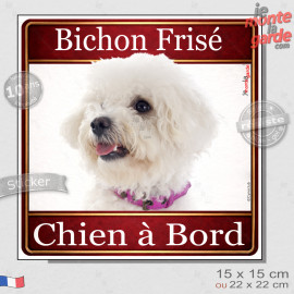 Bichon Frisé Tête, sticker carré "Chien à Bord" autocollant photo auto, adhésif vitre voiture jaune orange, résiste pluie soleil