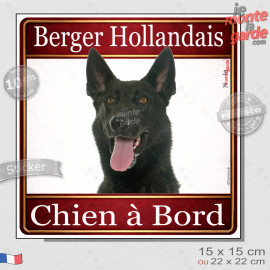 Berger Hollandais poils courts Tête, sticker carré "Chien à Bord" autocollant photo auto, adhésif vitre voiture jaune orange, ré