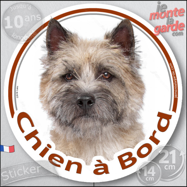 Cairn Terrier Tête, sticker autocollant rond "Chien à Bord" Disque photo adhésif vitre voiture, résiste pluie soleil gel, idée c