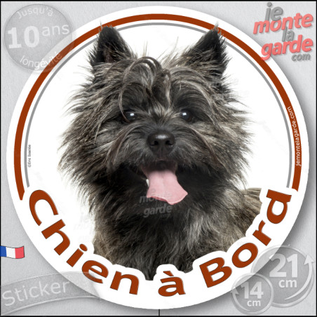 Cairn Terrier bringé foncé, sticker autocollant rond "Chien à Bord" Disque photo adhésif vitre voiture résiste intempéries