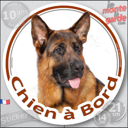 Berger Allemand poils courts, disque autocollant rond "Chien à Bord" Sticker adhésif voiture photo noir et feu