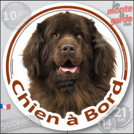 Terre Neuve marron chocolat, Sticker autocollant rond "Chien à Bord" Disque adhésif vitre voiture photo brun, résiste pluie sole