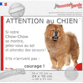 Chow-Chow fauve orange, plaque portail humour "Attention au Chien, Jetez Vous au Sol, attendez secours, courage" photo, résiste 