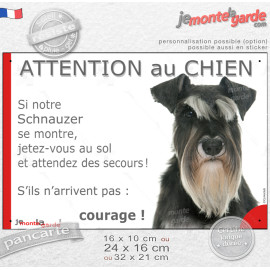 Schnauzer noir et argent, plaque portail humour "Attention au Chien, Jetez Vous au Sol, attendez secours, courage" photo, résist