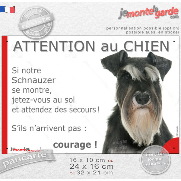 Schnauzer noir et argent, plaque portail humour "Attention au Chien, Jetez Vous au Sol, attendez secours, courage" photo, résist
