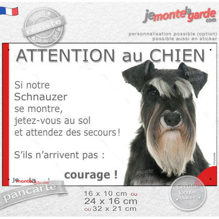 Schnauzer noir et argent, plaque portail humour "Attention au Chien, Jetez Vous au Sol, attendez des secours" 3 Tailles D