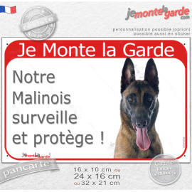 Berger Belge Tête, plaque portail rouge "Je Monte la Garde, notre Malinois surveille et protège" photo, résiste pluie soleil gel