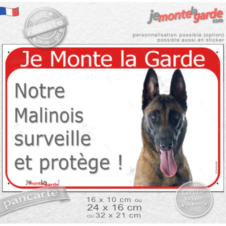 Berger Belge Tête, plaque portail rouge "Je Monte la Garde, notre Malinois surveille et protège" photo, résiste pluie soleil gel
