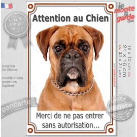 Boxer Fauve tête, Plaque portail verticale "Attention au Chien, merci de ne pas entrer sans autorisation" photo race, résiste pl
