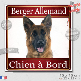 Berger Allemand noir et feu à mi-poils longs Tête, sticker carré "Chien à Bord" autocollant photo auto, adhésif vitre voiture ja