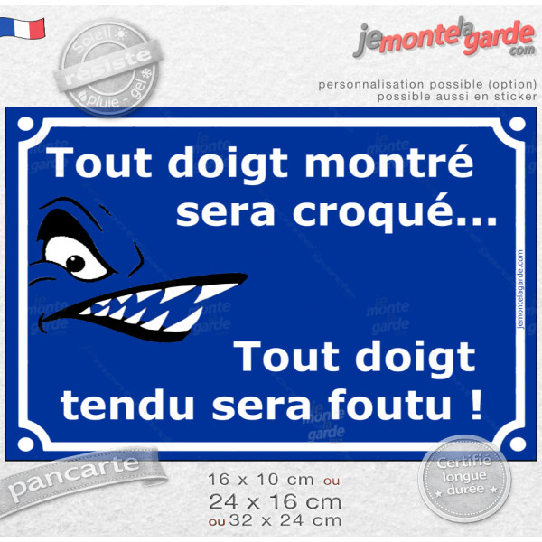 Plaque portail bleue pour avertir passants et visiteurs avec humour, de garder mains dans les poches pour éviter danger morsure, Plaque portail bleue pour avertir passants et visiteurs avec humour, de garder mains dans les poches pour éviter danger morsure,