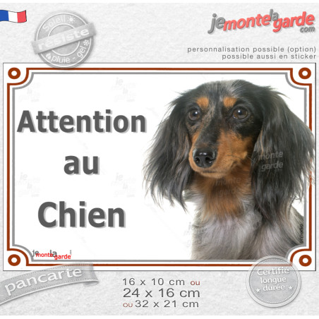 Teckel Arlequin tricolore merle poils longs, Plaque portail "Attention au Chien" photo, résiste pluie soleil gel, idée cadeau