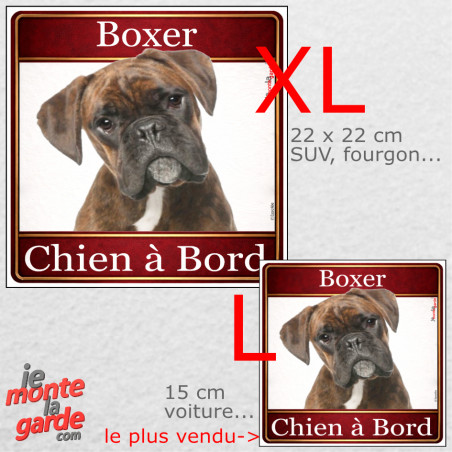 Boxer bringé, sticker voiture photo carré "Chien à Bord" résiste pluie soleil gel, idée cadeau, 2 Tailles E