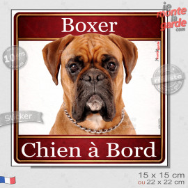 Boxer fauve Tête, sticker carré "Chien à Bord" autocollant photo auto, adhésif vitre voiture jaune orange, résiste pluie soleil 