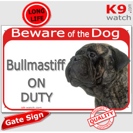 Red Portal Sign "Beware of the Dog, Brindle brown Bullmastiff on duty" gate photo plate notice, Door plaque placard