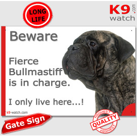 Funny Portal Sign "Beware fierce brindle Bullmastiff is in charge. I only live here" gate photo hilarious plate notice, Door