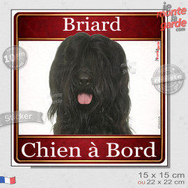 Briard noir Tête, sticker carré "Chien à Bord" autocollant photo auto, adhésif vitre voiture jaune orange, résiste pluie soleil 