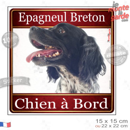 Epagneul Breton noir et blanc Tête, sticker carré "Chien à Bord" autocollant photo auto, adhésif vitre voiture jaune orange, rés