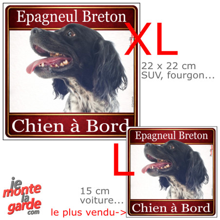 Epagneul Breton noir et blanc, sticker voiture photo carré "Chien à Bord" résiste pluie soleil gel, idée cadeau, 2 Tailles D