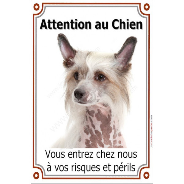 Chien Chinois à Crête Tête, plaque portail verticale "Attention au Chien" pancarte panneau
