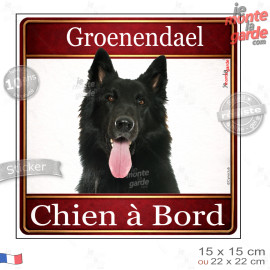 Groenendael Tête, sticker carré "Chien à Bord" autocollant photo auto, adhésif vitre voiture jaune orange, résiste pluie soleil 